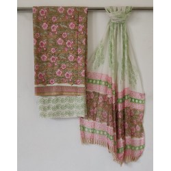 HandBlock Batik Printed Cotton Suit-Salwar Fabric With Chiffon Dupatta 
