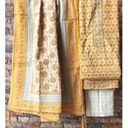 Hand Block  Printed gota work Cotton Suit-Salwar Fabric With Chiffon Dupatta(FEM20180104-32)